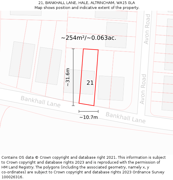 21, BANKHALL LANE, HALE, ALTRINCHAM, WA15 0LA: Plot and title map