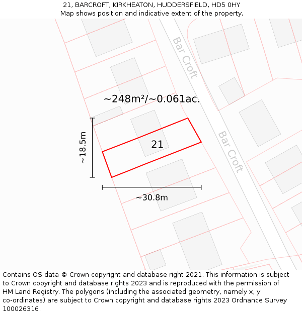 21, BARCROFT, KIRKHEATON, HUDDERSFIELD, HD5 0HY: Plot and title map