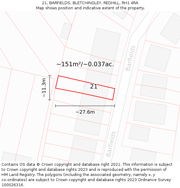 21, BARFIELDS, BLETCHINGLEY, REDHILL, RH1 4RA: Plot and title map