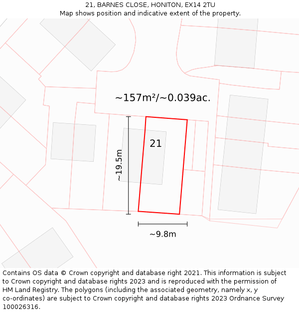 21, BARNES CLOSE, HONITON, EX14 2TU: Plot and title map