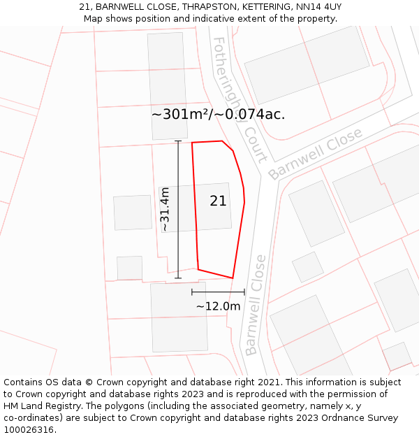 21, BARNWELL CLOSE, THRAPSTON, KETTERING, NN14 4UY: Plot and title map