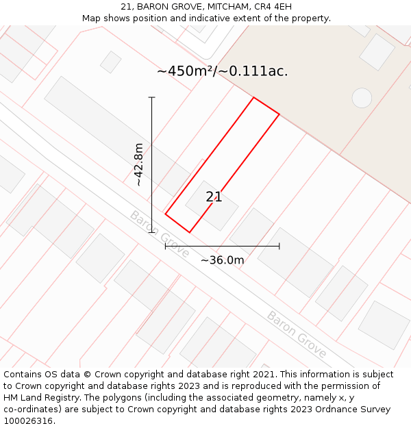 21, BARON GROVE, MITCHAM, CR4 4EH: Plot and title map