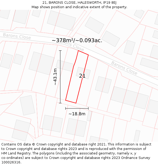 21, BARONS CLOSE, HALESWORTH, IP19 8EJ: Plot and title map