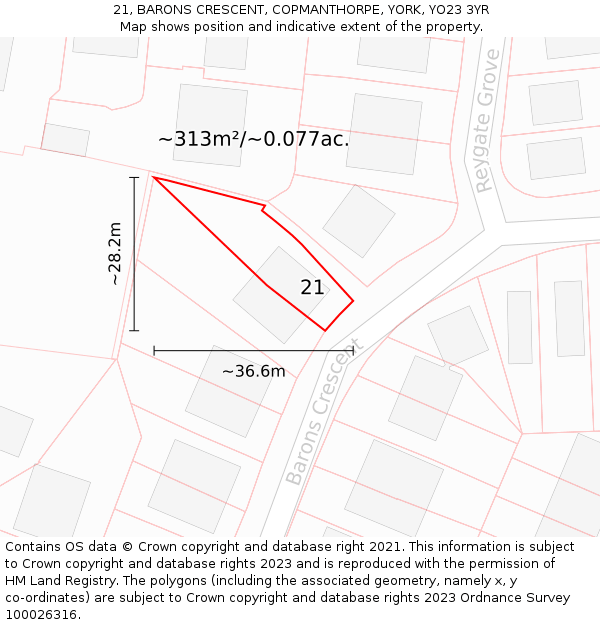 21, BARONS CRESCENT, COPMANTHORPE, YORK, YO23 3YR: Plot and title map