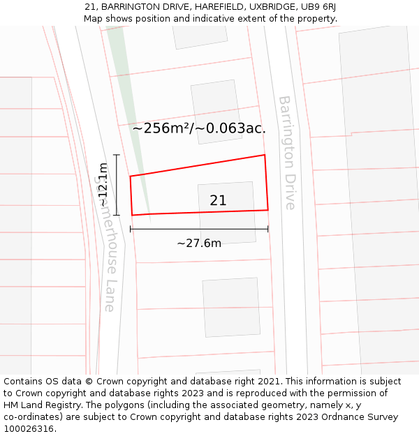 21, BARRINGTON DRIVE, HAREFIELD, UXBRIDGE, UB9 6RJ: Plot and title map