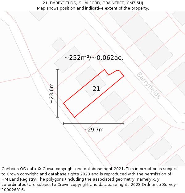 21, BARRYFIELDS, SHALFORD, BRAINTREE, CM7 5HJ: Plot and title map