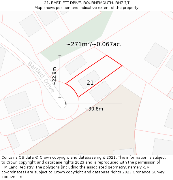 21, BARTLETT DRIVE, BOURNEMOUTH, BH7 7JT: Plot and title map