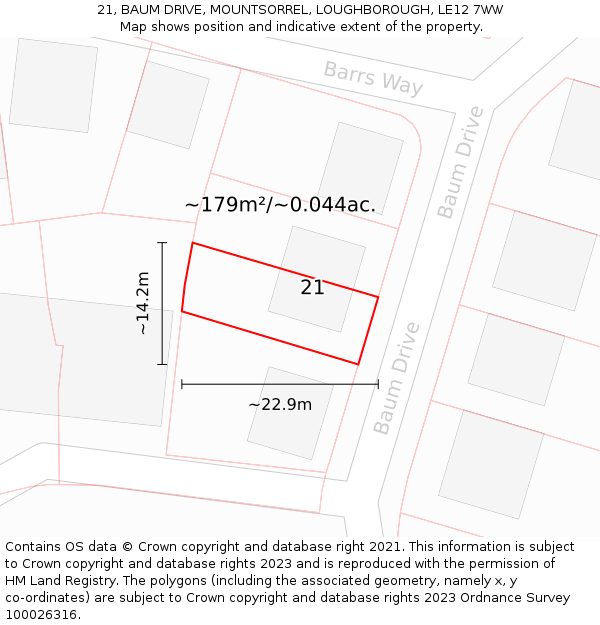 21, BAUM DRIVE, MOUNTSORREL, LOUGHBOROUGH, LE12 7WW: Plot and title map