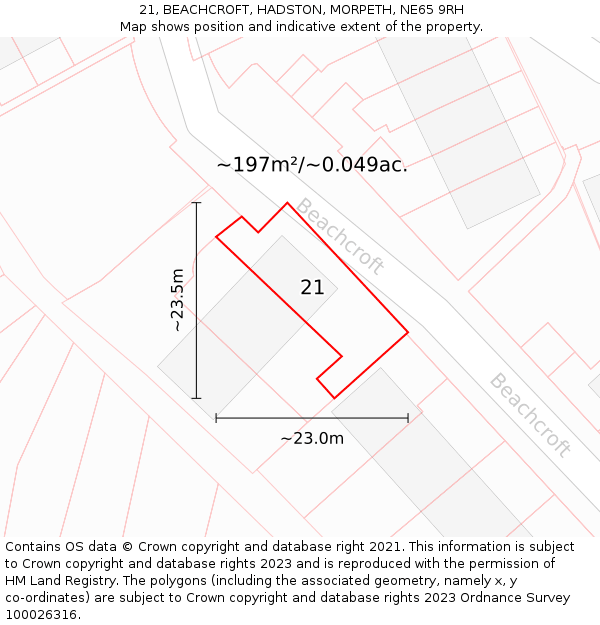 21, BEACHCROFT, HADSTON, MORPETH, NE65 9RH: Plot and title map