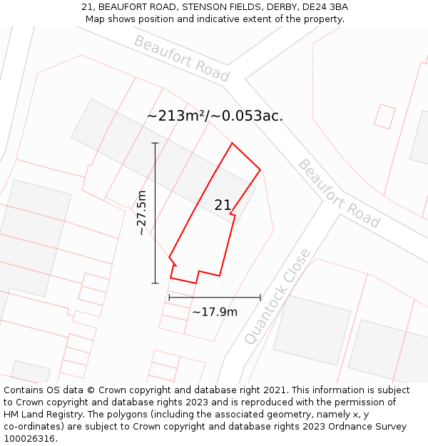 21, BEAUFORT ROAD, STENSON FIELDS, DERBY, DE24 3BA: Plot and title map