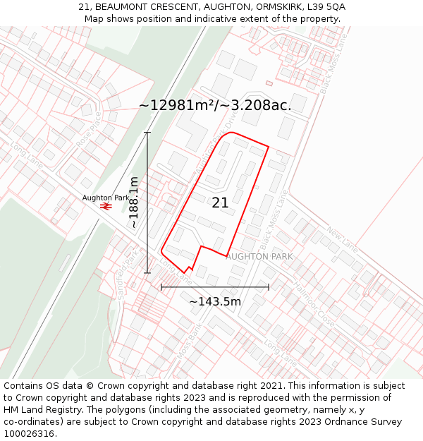 21, BEAUMONT CRESCENT, AUGHTON, ORMSKIRK, L39 5QA: Plot and title map