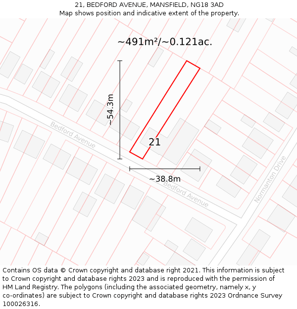 21, BEDFORD AVENUE, MANSFIELD, NG18 3AD: Plot and title map