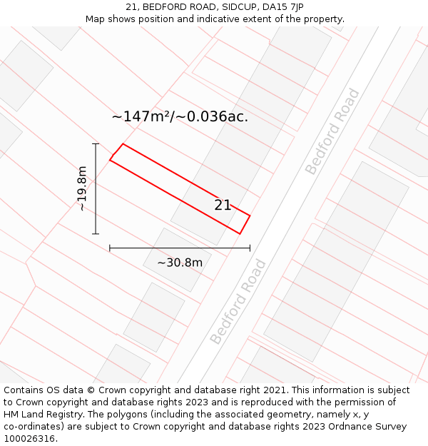 21, BEDFORD ROAD, SIDCUP, DA15 7JP: Plot and title map