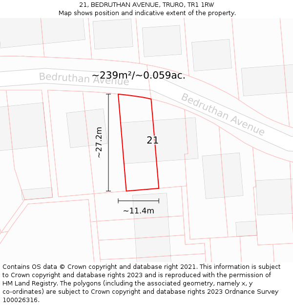 21, BEDRUTHAN AVENUE, TRURO, TR1 1RW: Plot and title map