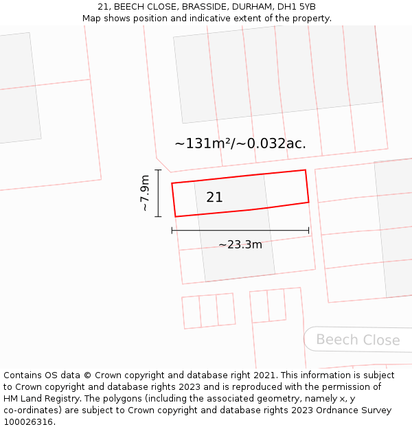 21, BEECH CLOSE, BRASSIDE, DURHAM, DH1 5YB: Plot and title map