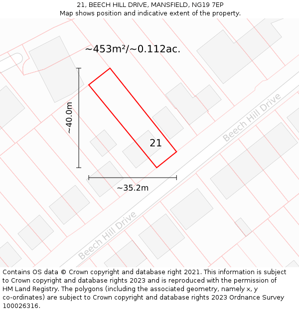 21, BEECH HILL DRIVE, MANSFIELD, NG19 7EP: Plot and title map