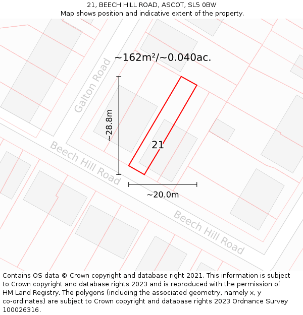 21, BEECH HILL ROAD, ASCOT, SL5 0BW: Plot and title map