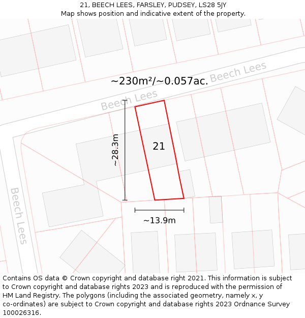21, BEECH LEES, FARSLEY, PUDSEY, LS28 5JY: Plot and title map