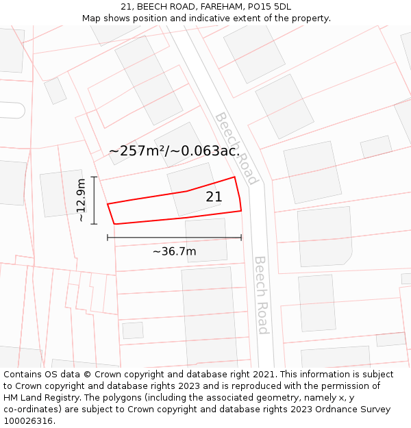 21, BEECH ROAD, FAREHAM, PO15 5DL: Plot and title map