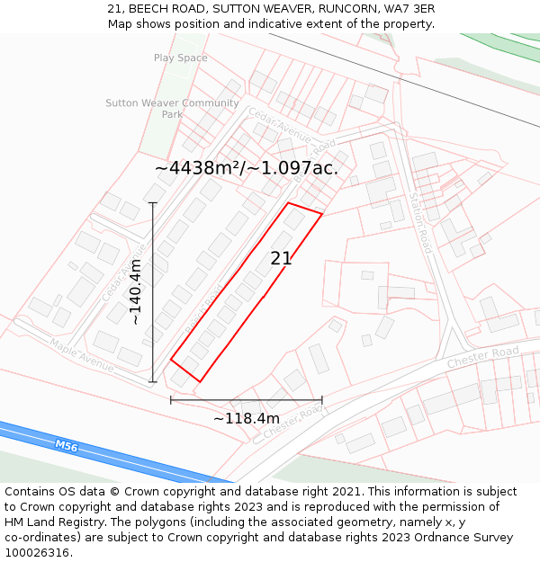 21, BEECH ROAD, SUTTON WEAVER, RUNCORN, WA7 3ER: Plot and title map