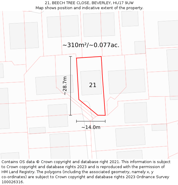 21, BEECH TREE CLOSE, BEVERLEY, HU17 9UW: Plot and title map