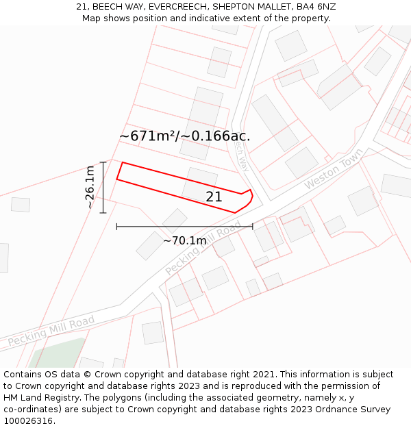 21, BEECH WAY, EVERCREECH, SHEPTON MALLET, BA4 6NZ: Plot and title map