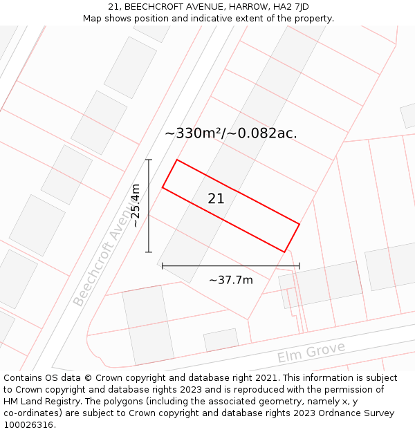 21, BEECHCROFT AVENUE, HARROW, HA2 7JD: Plot and title map