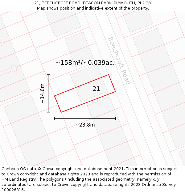 21, BEECHCROFT ROAD, BEACON PARK, PLYMOUTH, PL2 3JY: Plot and title map