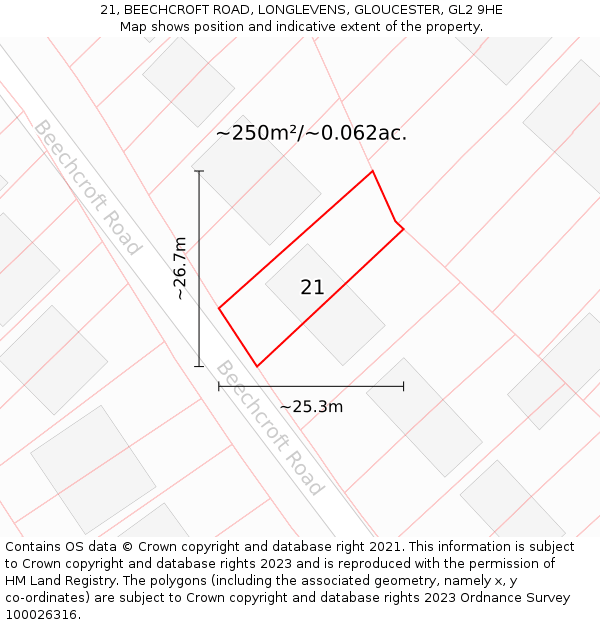 21, BEECHCROFT ROAD, LONGLEVENS, GLOUCESTER, GL2 9HE: Plot and title map
