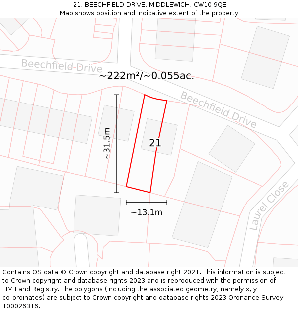 21, BEECHFIELD DRIVE, MIDDLEWICH, CW10 9QE: Plot and title map