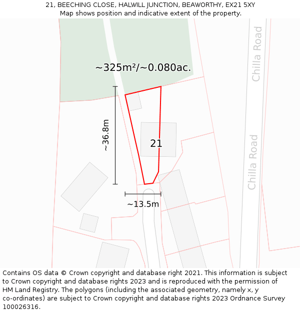 21, BEECHING CLOSE, HALWILL JUNCTION, BEAWORTHY, EX21 5XY: Plot and title map