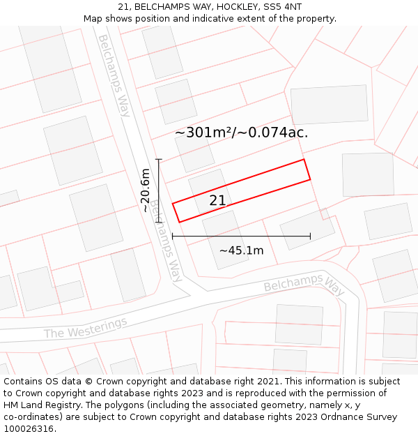 21, BELCHAMPS WAY, HOCKLEY, SS5 4NT: Plot and title map
