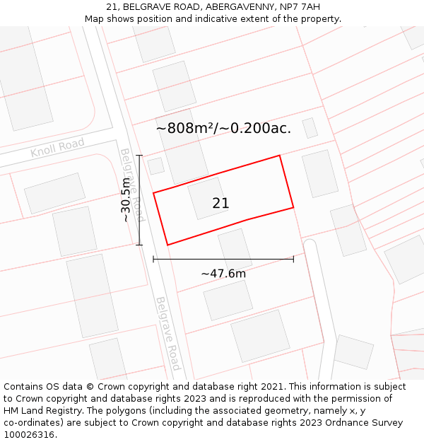 21, BELGRAVE ROAD, ABERGAVENNY, NP7 7AH: Plot and title map