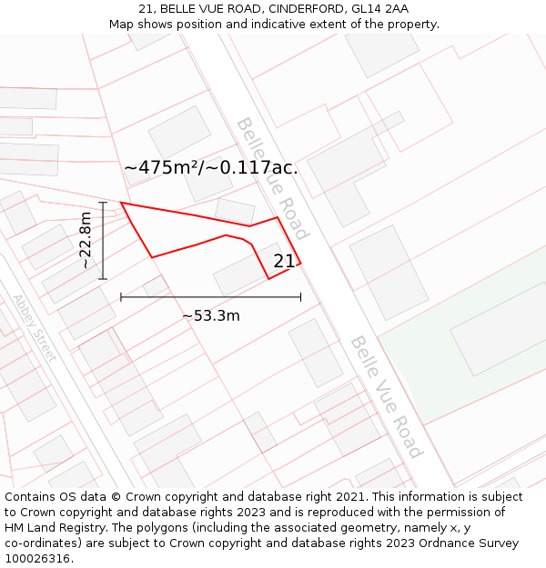 21, BELLE VUE ROAD, CINDERFORD, GL14 2AA: Plot and title map