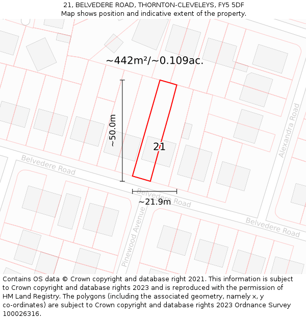 21, BELVEDERE ROAD, THORNTON-CLEVELEYS, FY5 5DF: Plot and title map