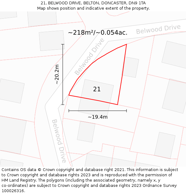 21, BELWOOD DRIVE, BELTON, DONCASTER, DN9 1TA: Plot and title map