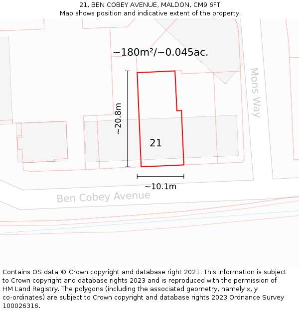 21, BEN COBEY AVENUE, MALDON, CM9 6FT: Plot and title map