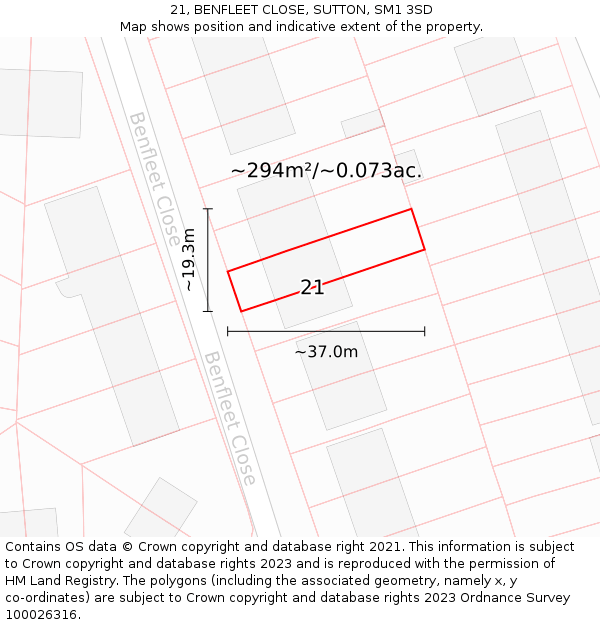 21, BENFLEET CLOSE, SUTTON, SM1 3SD: Plot and title map
