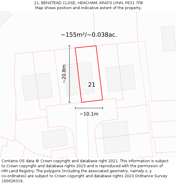 21, BENSTEAD CLOSE, HEACHAM, KING'S LYNN, PE31 7FB: Plot and title map