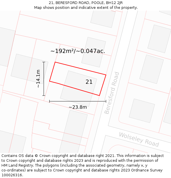 21, BERESFORD ROAD, POOLE, BH12 2JR: Plot and title map