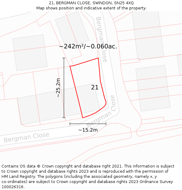 21, BERGMAN CLOSE, SWINDON, SN25 4XQ: Plot and title map