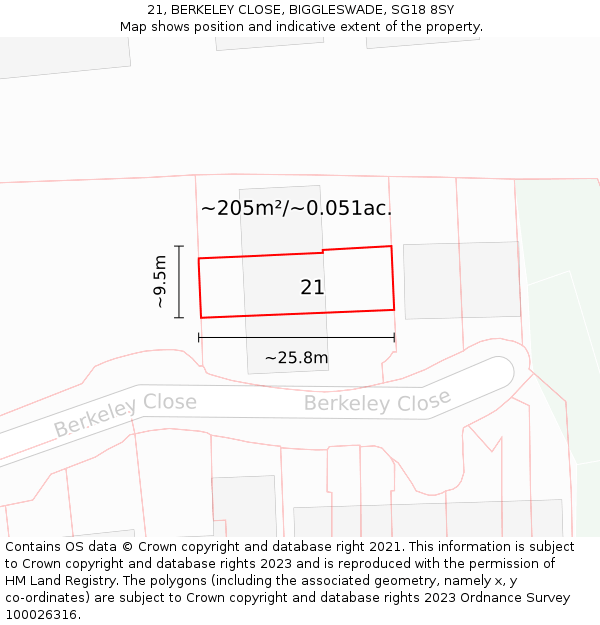 21, BERKELEY CLOSE, BIGGLESWADE, SG18 8SY: Plot and title map