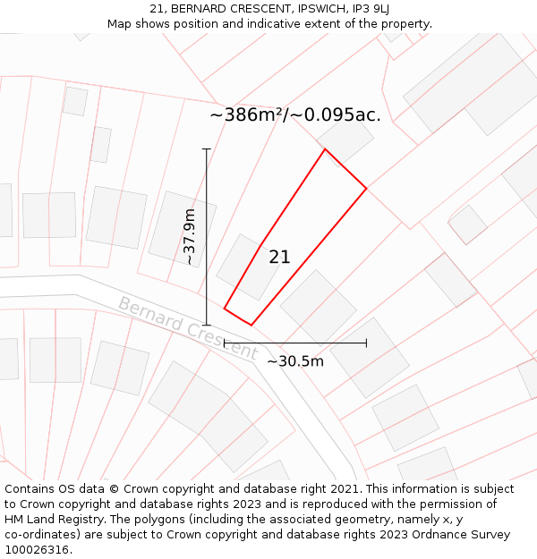 21, BERNARD CRESCENT, IPSWICH, IP3 9LJ: Plot and title map