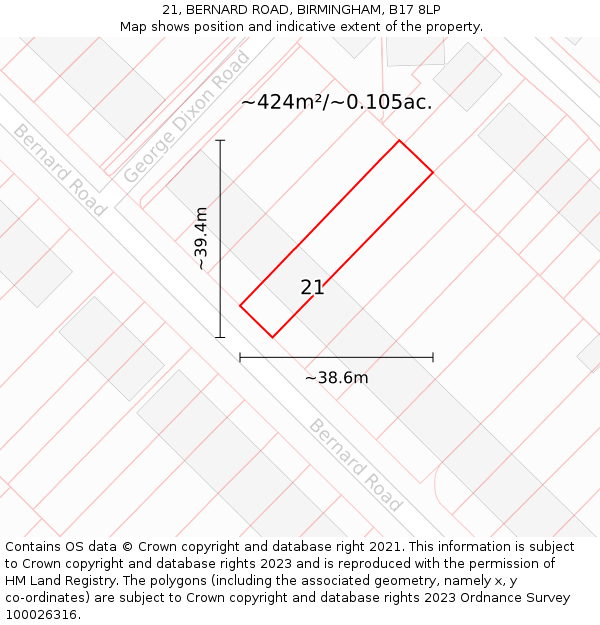 21, BERNARD ROAD, BIRMINGHAM, B17 8LP: Plot and title map