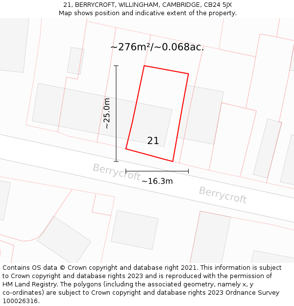 21, BERRYCROFT, WILLINGHAM, CAMBRIDGE, CB24 5JX: Plot and title map