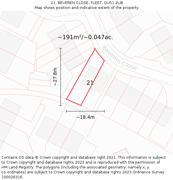 21, BEVEREN CLOSE, FLEET, GU51 2UB: Plot and title map
