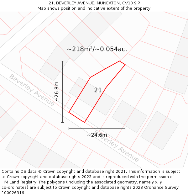 21, BEVERLEY AVENUE, NUNEATON, CV10 9JP: Plot and title map