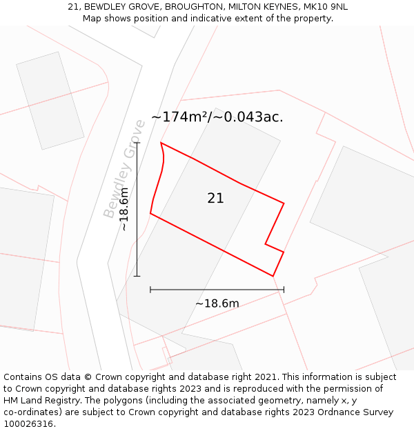 21, BEWDLEY GROVE, BROUGHTON, MILTON KEYNES, MK10 9NL: Plot and title map