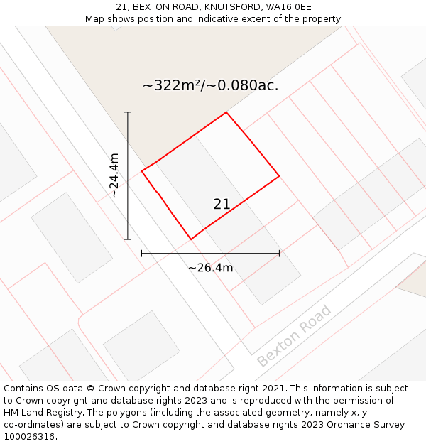 21, BEXTON ROAD, KNUTSFORD, WA16 0EE: Plot and title map