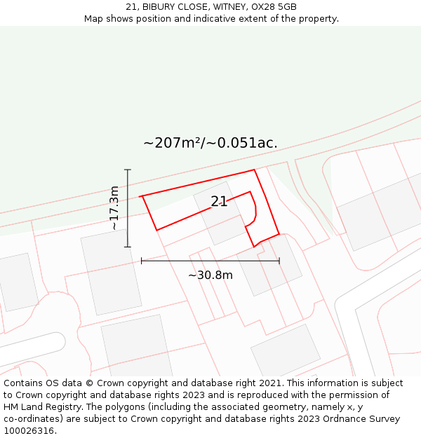 21, BIBURY CLOSE, WITNEY, OX28 5GB: Plot and title map